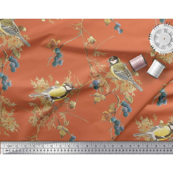 Soimoi Orange Heavy Satin Fabric Black Berry & Yellow Sparrow Bird Decor Fabric Printed Yard 56 Inch Wide