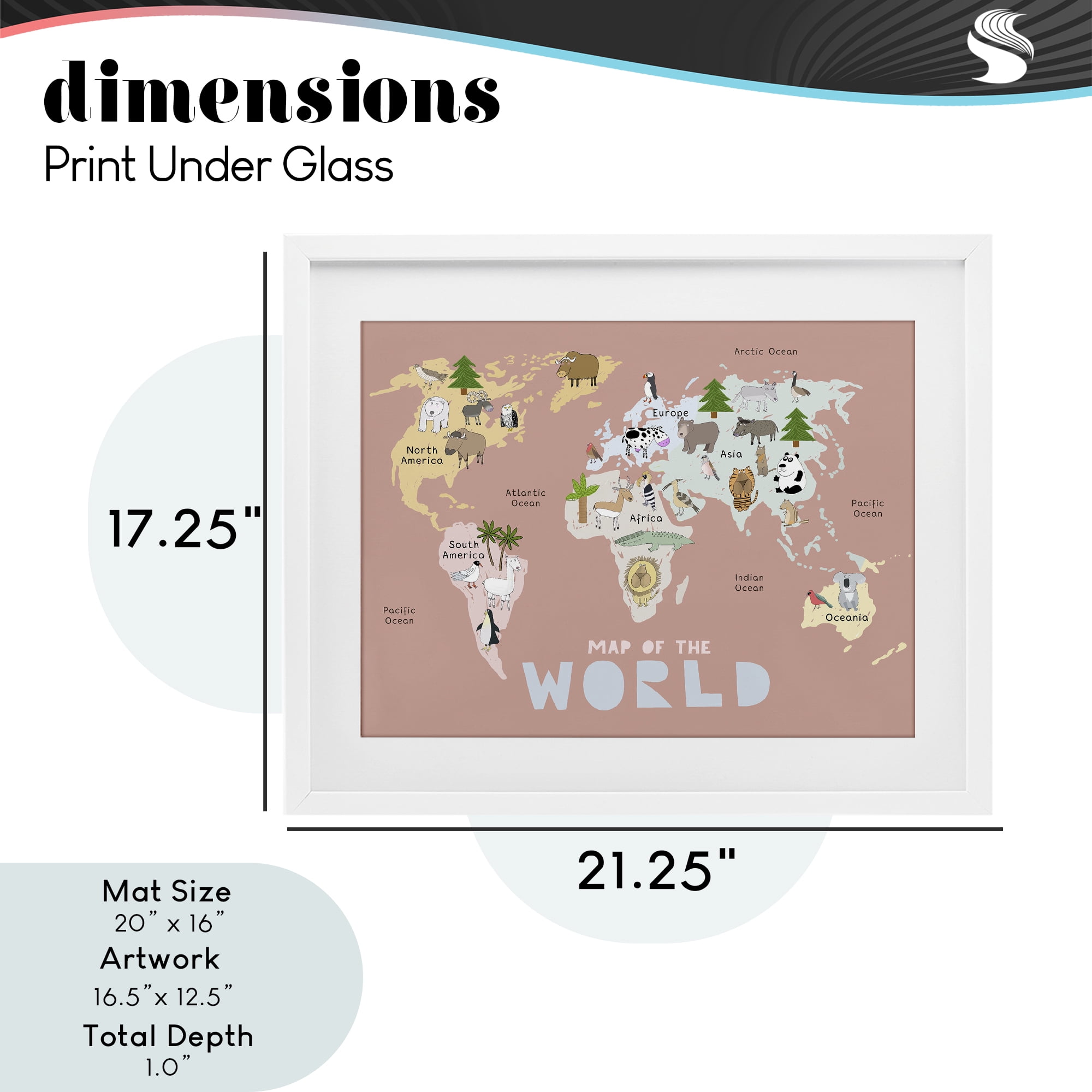 Kid's Map Of World Pink White Framed Print Under Glass, design by Carla Daly