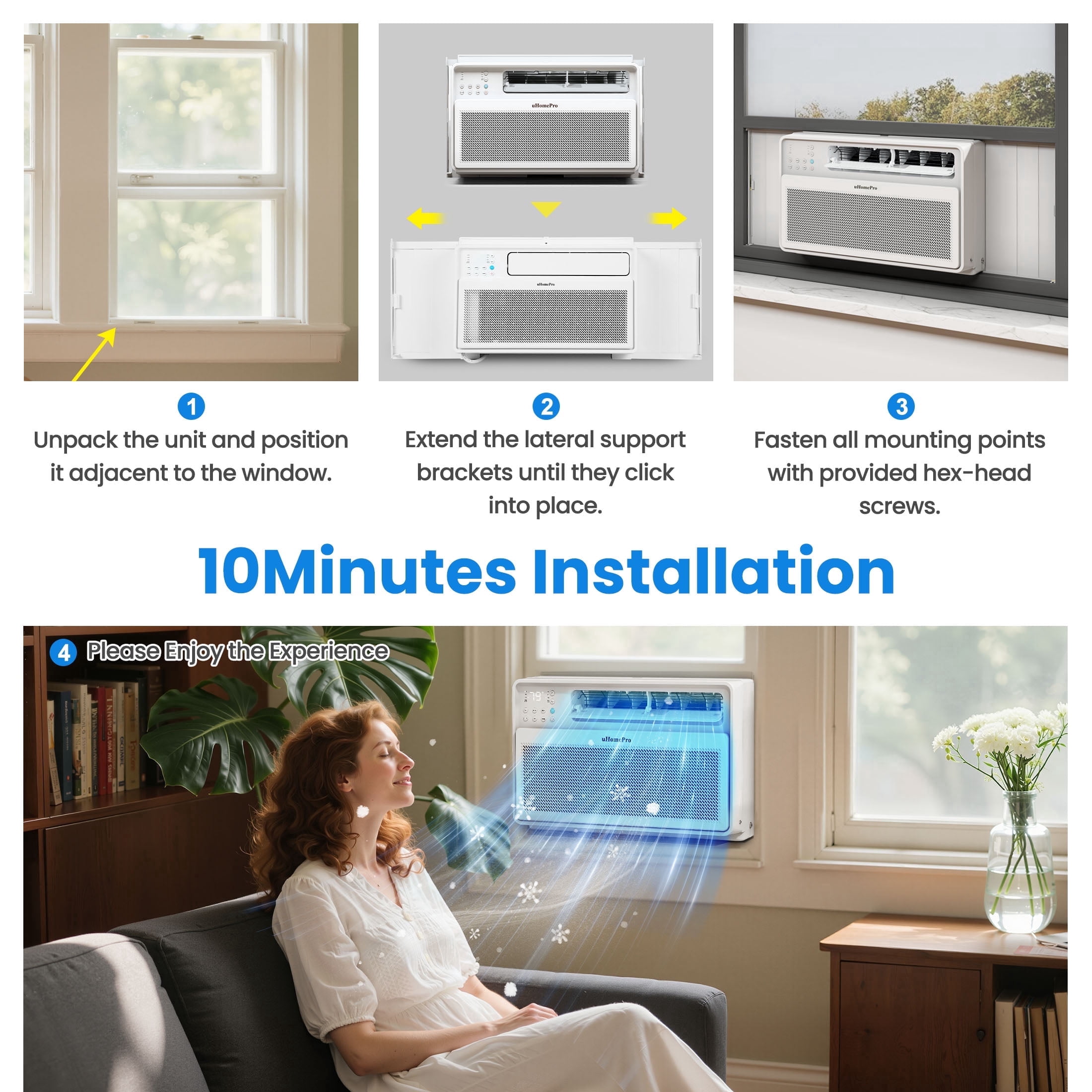 Uhomepro 10000 BTU Smart Inverter Window Air Conditioner, Cools 450 Sq.Ft with 4 Modes, Washable Filter, 35% Energy Saving, App/Remote and LED Control, 42 dB Noise for Living Room, Easy to Install
