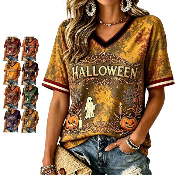 Halloween Shirts for Women Happy Halloween V Neck Funny Pumpkin Ghost Womens Short Sleeve Tops Vintage Party Tee Tops Yellow XL