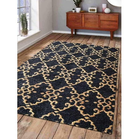 Hand Knotted Natural Rugsotic Carpets Hand Knotted Sumak Jute Eco-Friendly Natural 5'x8' Area Rug Contemporary Charcoal Beige J00015 ()