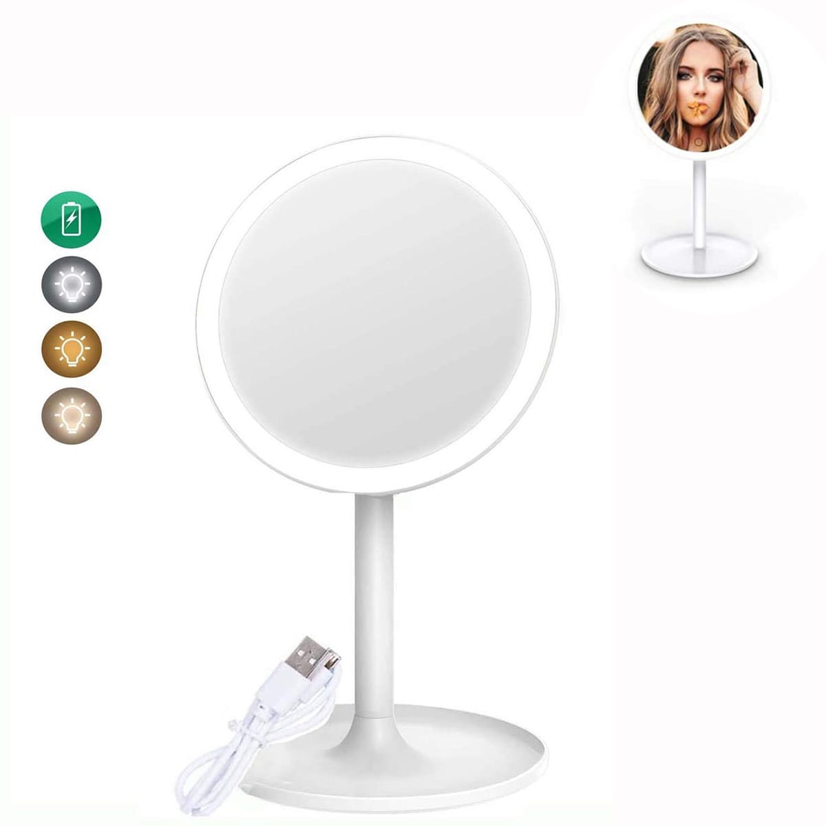 Seenda Makeup Mirror with Lights - Rechargeable Lighted Makeup Mirror with 3 Color Lighting Modes,Portable Desk Mirror Tabletop Cosmetic Mirror, White