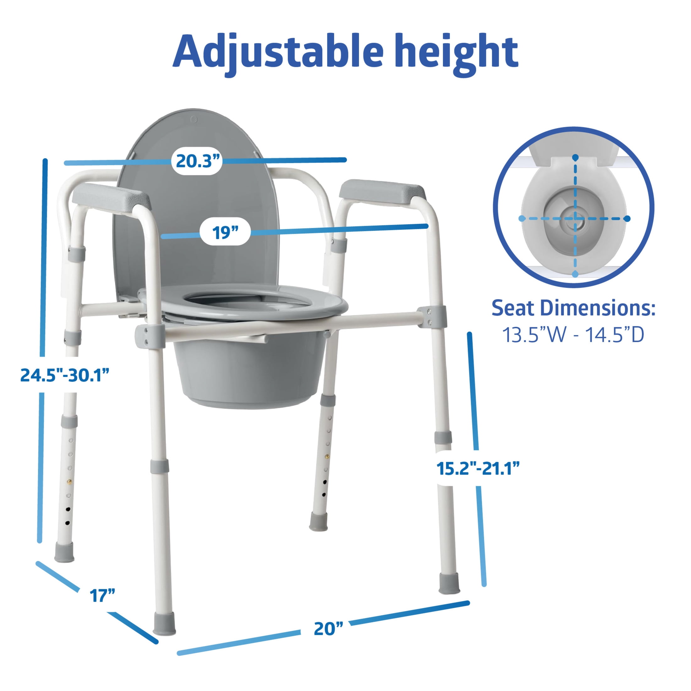 Medline Folding Steel Bedside Commode, Standard Seat, 350 lb Capacity, 3-in-1 Powder Coated Toilet Commode With 7 Qt. Bucket, Clip-on Seat, Easy Cleaning, Tool-Free Assembly, Height Adjustable