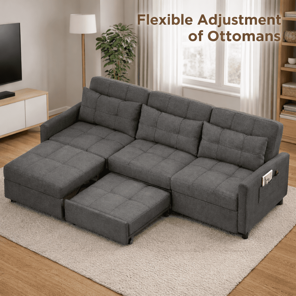 Convertible Sofa Bed, 3 Seater Sectional Sleeper Sofa with Adjustment Backrest & Side Pocket, Pull out Couch for Living Room, Bedroom, Apartment, Dark Gray