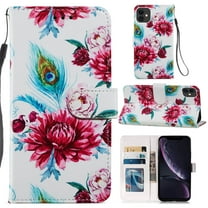 iPhone 12 Mini Case with Card Holder & Hand Strap, Allytech PU Leather Soft TPU Back Shockproof Magnetic Button Kickstand Wallet Case for iPhone 12 Mini 5.4 inch 2020, Peacock Flower