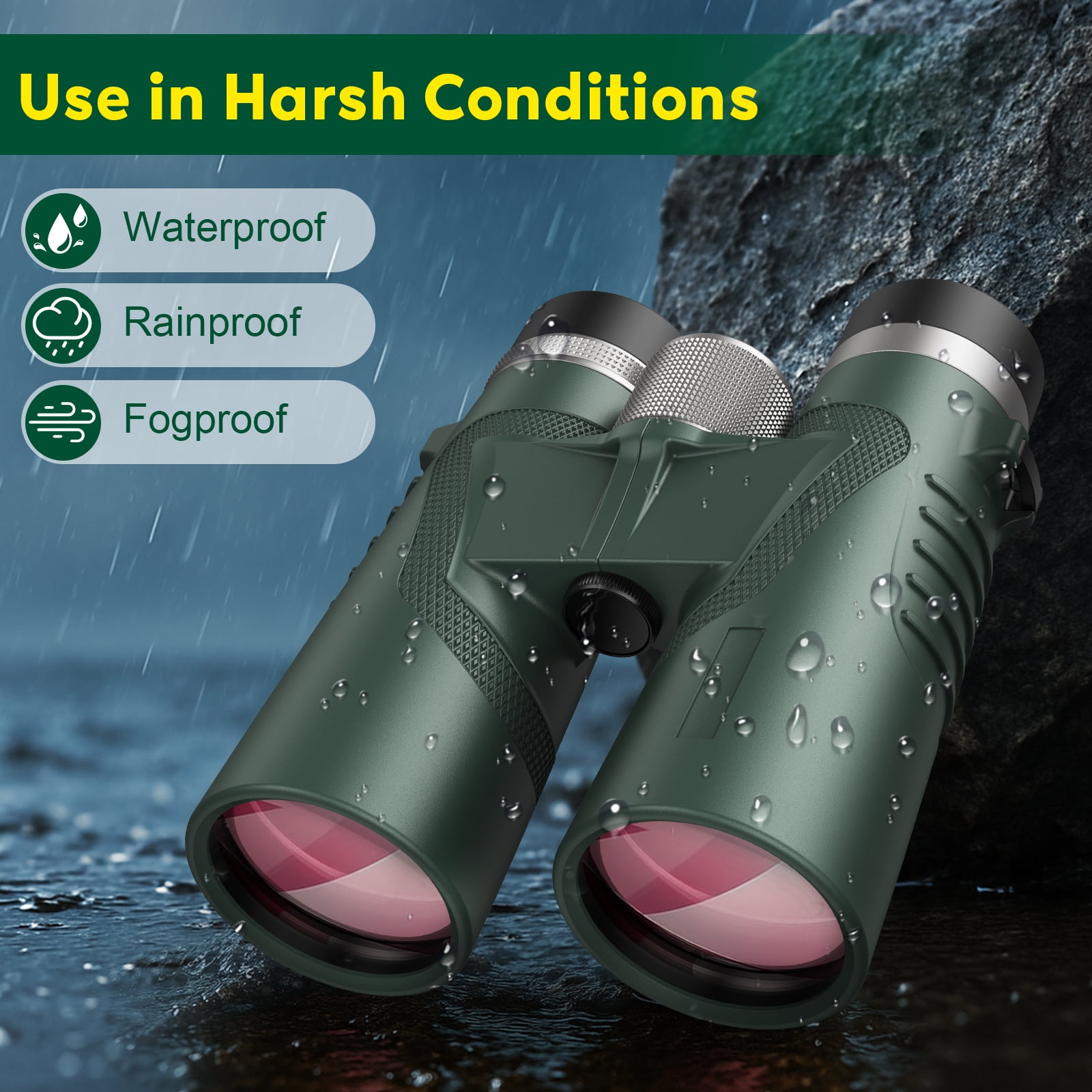 QUNSE 10x42 Compact HD Binoculars for Adults with Phone Adapter, Waterproof Binoculars with Fully Multi Coated Lens, High Powered for Bird Watching, Hunting, and Outdoor Sports (Green)
