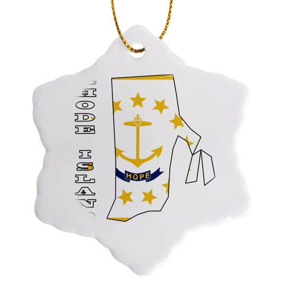 3drose, Rhode Island State Flag in the Outline Map and Letters for Rhode Island, 3 inch Snowflake Porcelain Ornament