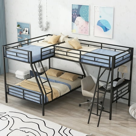 Aukfa Twin-Over-Full Metal L-Shaped Triple Bunk Bed with a Twin Loft Bed and Desk for 3 Kids Teens - Black