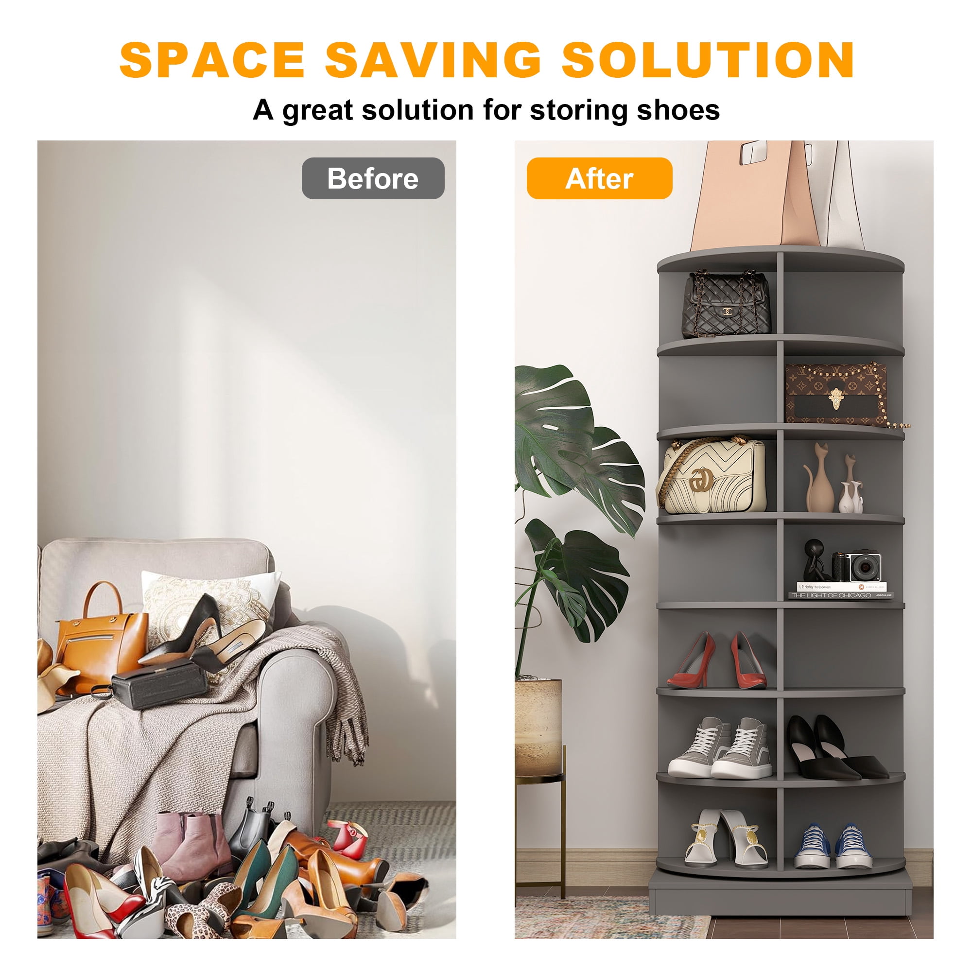 Aukfa 7-Tier Rotating Shoe Rack Tower, 360°Spinning Shoe Display Closet Organizer, Gray
