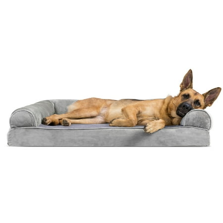 UPC: 0842229106718 | FurHaven Pet Products Faux Fur & Velvet Memory Top Sofa-Style Pet Bed for Dogs & Cats – Smoke Gray Jumbo