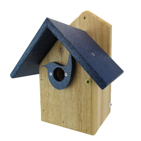 Little Wren Birdhouse - Post Mount Cedar Wren House w/ Blue Poly Roof & Birdhouse Predator Guard Portal