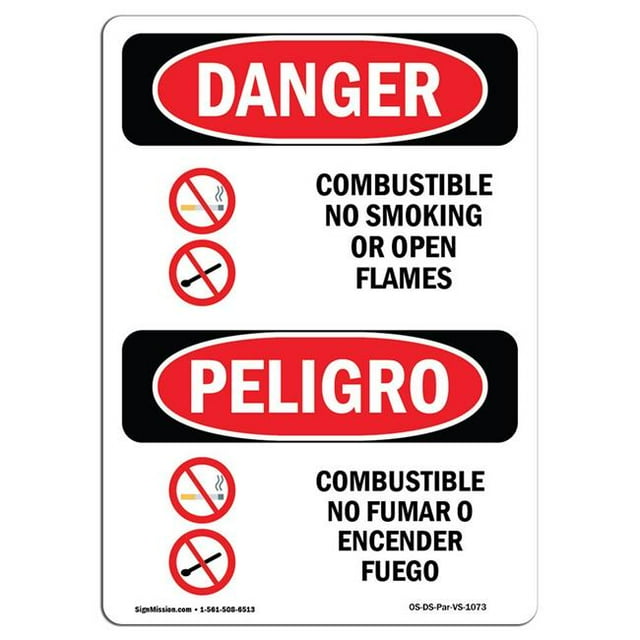 SignMission OS-DS-A-1824-VS-1073 18 x 24 Po Signe de Danger OSHA - Combustible Ne Pas Fumer Flammes Nues Bilingue