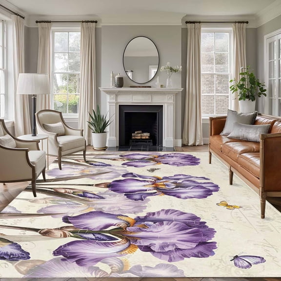 Purple Iris Area Rugs 8'x10', Washable Small Throw Rugs for Living Room Patio, Spring Vintage Butterfly Leaves Flowers Beige Indoor Outdoor Rug Non-Slip Low Pile Carpet Runner Reversible Floor Mats