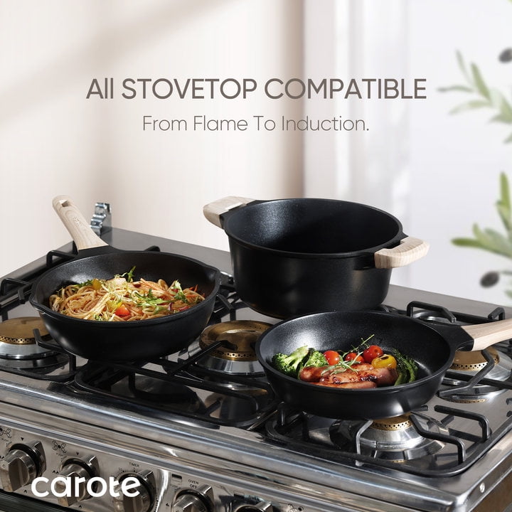 Carote Nonstick Cookware Set 10-Piece,Kitchen Pots and Pans Set,Stay-Cool Handles,Induction Compatible,Cookware Set for RV and Camping,Black
