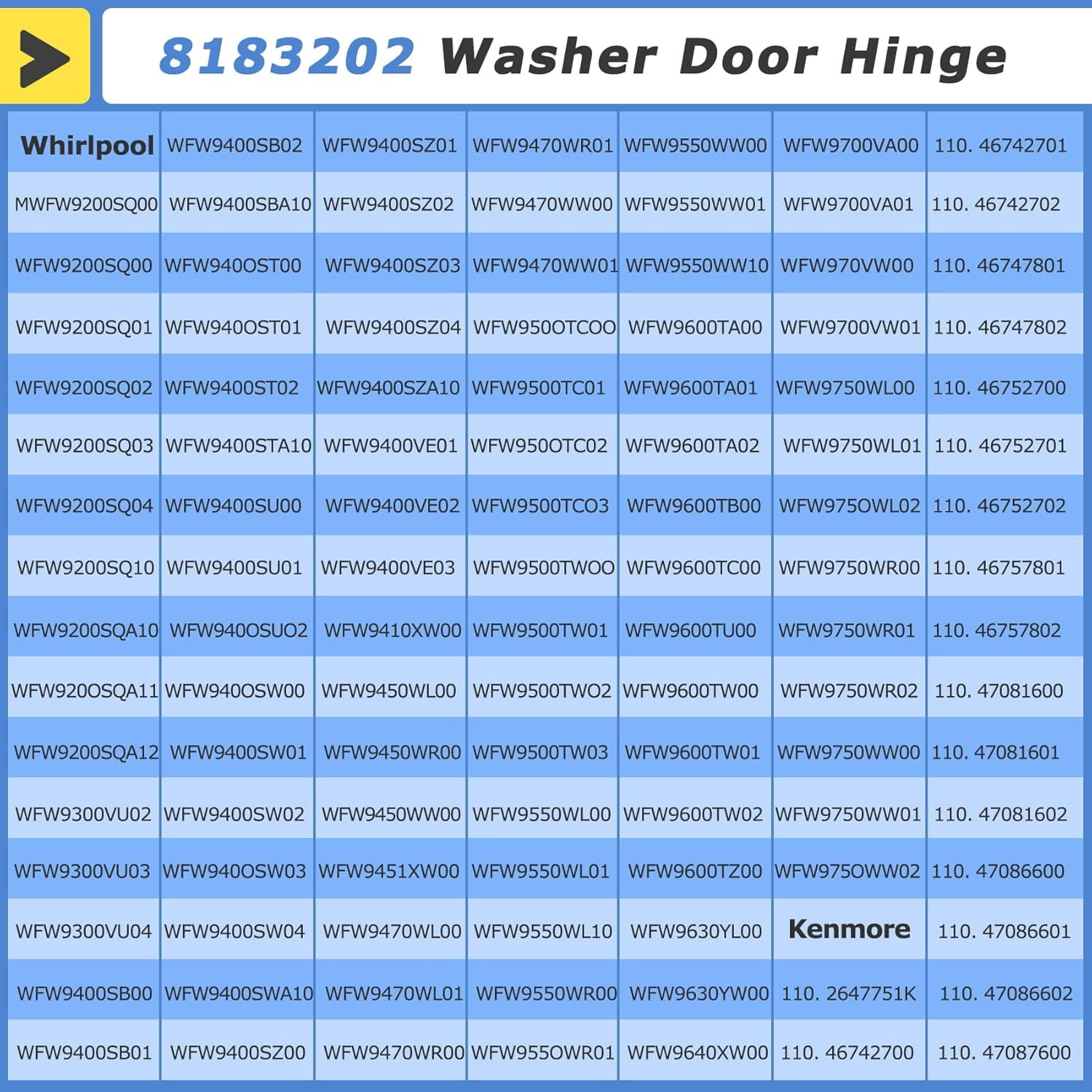 WP8183202 Washer Door Hinge Replacement for Whirlpool Kenmore Maytag Amana, Replaces 8183202 W10005090 W10200695 AP6011872 PS11745072
