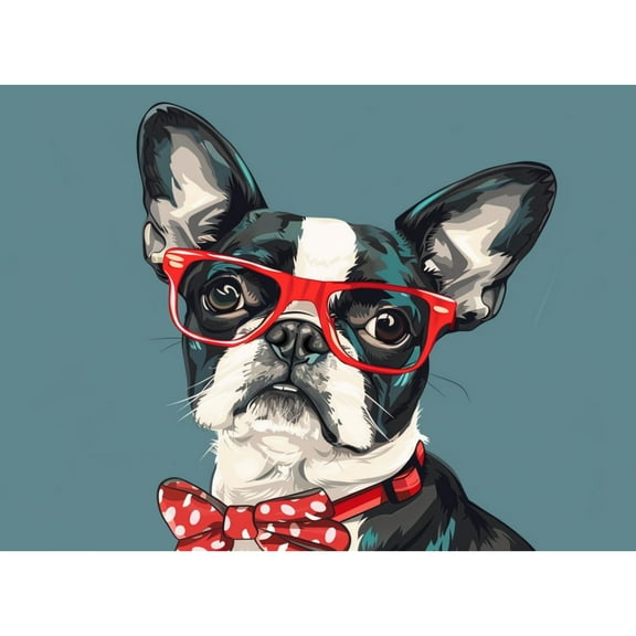 Cute Boston Terrier Dog Wear Glasses and Bow DIY 5D Diamond Art Painting by Number Kits for Adults Paint with Round Full Drill Diamond Gems Painting Art Craft for Home Wall Decor 15.8x19.8in