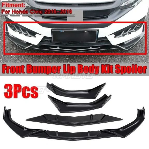 3PCS Matte Black Car Front Bumper Lip Splitter Lip Diffuser Spoiler Cover Trim For Honda For Civic 2016 2017 2018 2019 Body Kit