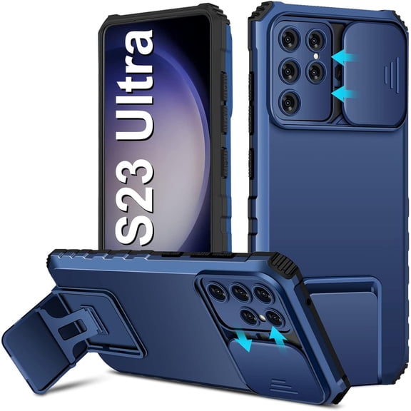 S23 Ultra Case Compatible with Samsung Galaxy S23 Ultra 5G [2023-Version], Slide Camera Cover, -Grade Shockproof Phone Case with Kickstand Protective Cover for Samsung S23 Ultra 5G Blue