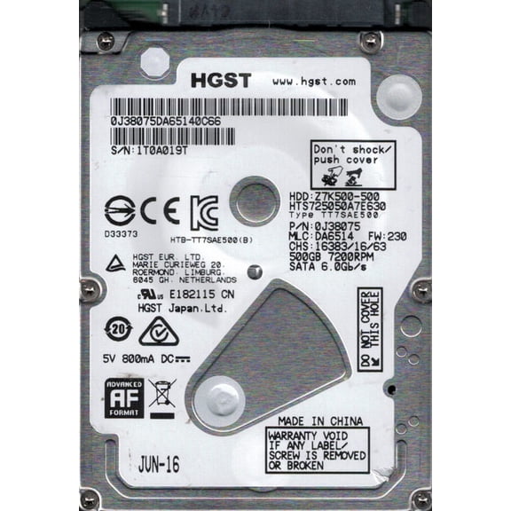 HGST HTS725050A7E630 P/N: 0J38075 MLC: DA6514 500GB