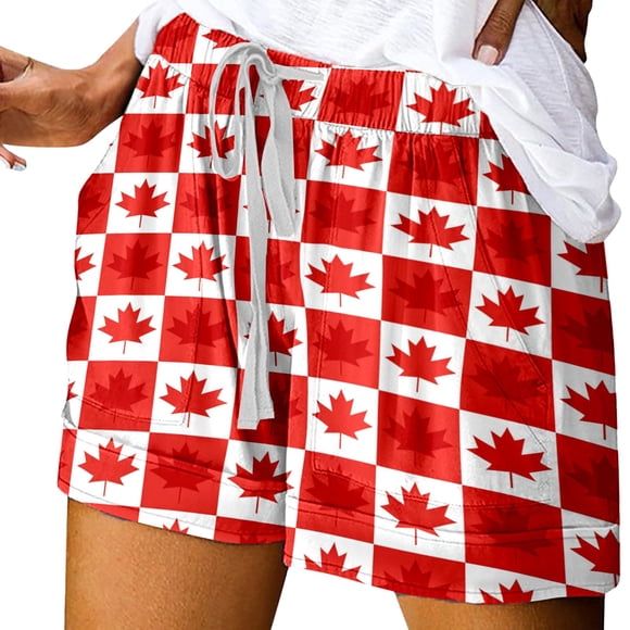 TrendOFT Summer Shorts For Women Casual Canada Day Print Tie Waist Elastic Band Pocket Lounge Shorts Women Athletic Shorts Red S