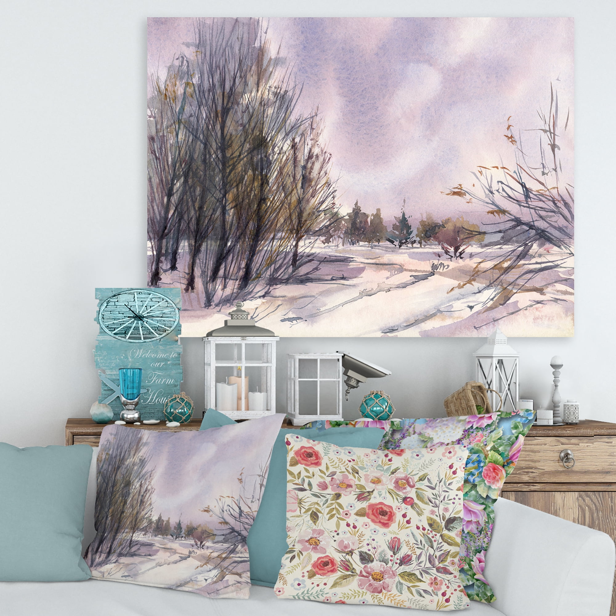 Designart ' Purple Snowy Tones With Winter Landscape ' Traditional Canvas Wall Art Print