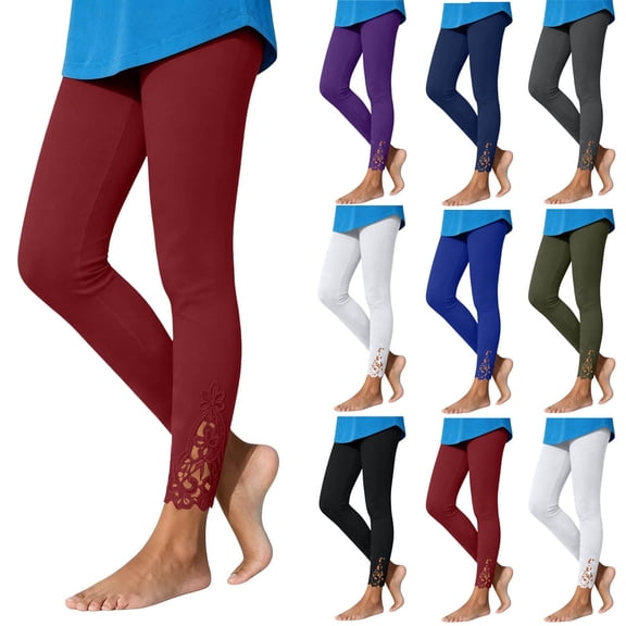 TtopsQueen Women Cropped Skinny Pants, Elastic High Waist Slim Fit Capri Trousers with Hollow Lace Scalloped Hem, Stretchy Daily Casual Bottoms with Pockets Army Green,L