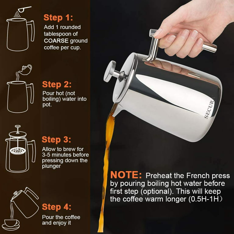 SECURA FRENCH PRESS COFFEE MAKER. STAINLESS STEEL INSULATED 34 Oz. 1000 ML