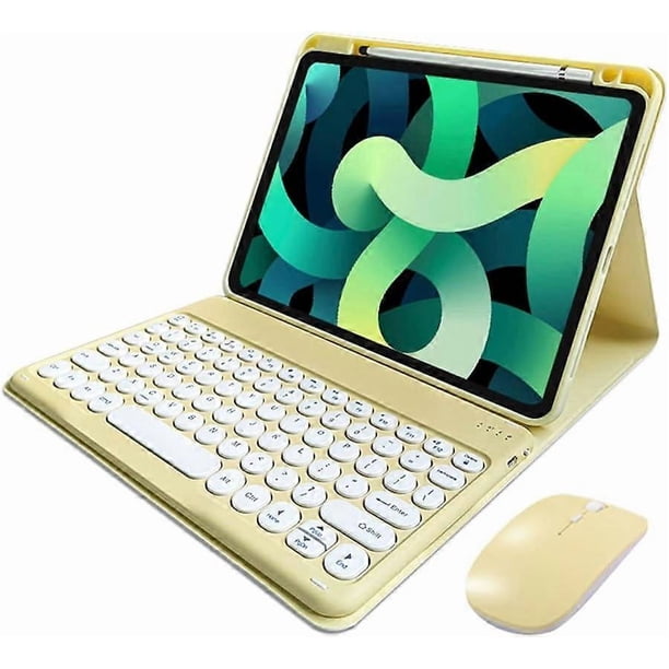 iPad 10th Generation 2022 Keyboard Case with Mouse Cute Round Keys Detachable Bluetooth Keyboard Slim Smart Cover with Pencil Holder (Yellow)