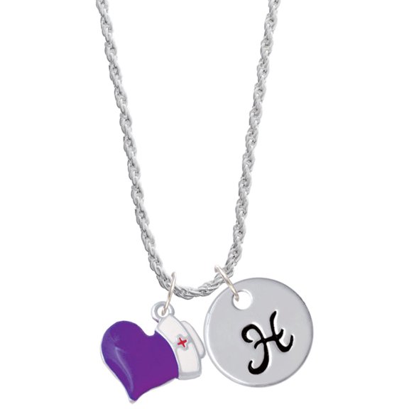 Delight Jewelry Silvertone Purple Heart with Nurse Hat Silvertone Script Initial Disc - H - Charm Necklace, 20" 3"