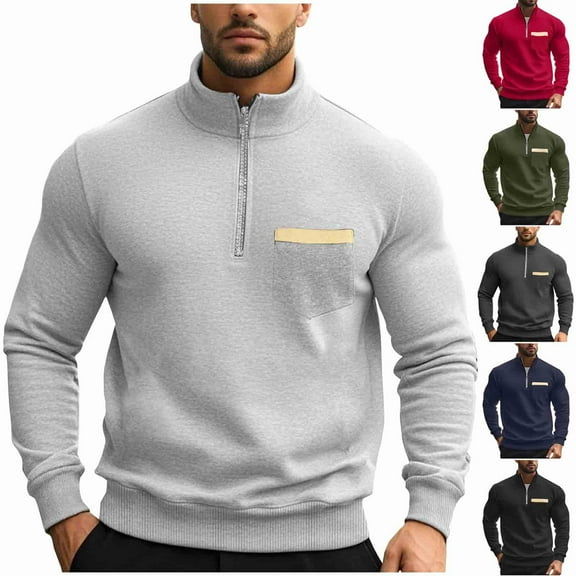safuny Men's Long Sleeve Shirts Winter Thicken Tops Big&Tall Crew Neck Sweatshirts Zipper Outwear Solid Color Pullover Casual Fashion Green L