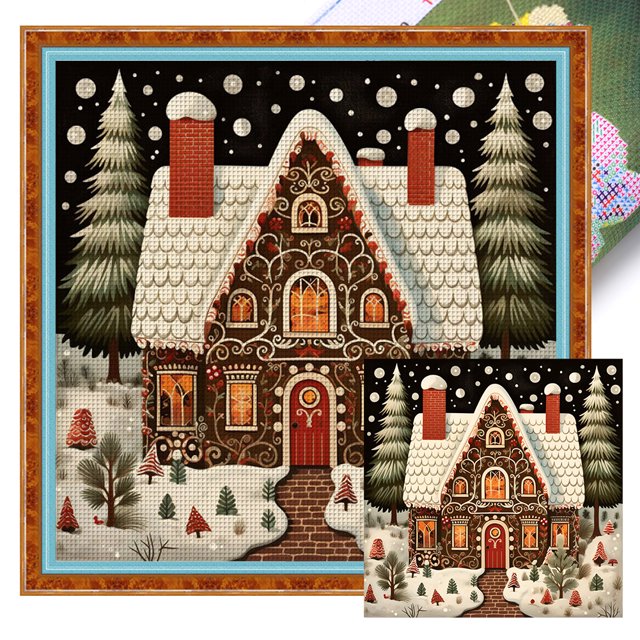 Hilo Algodón Ecológico Bordado Punto Cruz Impreso 14CT Casa Invierno 50x50cm