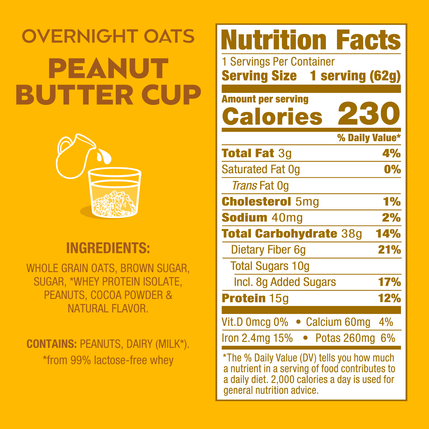(4 pack) Proper Good Peanut Butter Cup Overnight Oats, 15g Protein, Shelf-Stable 2.2 oz Tub