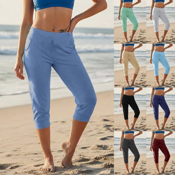 Ihhxva Women's Capri Pants 3/4 Length Cuffed Ankle Relaxed Fit Elastic Waist Yoga Pockets Stretchable Summer Jogger Leggings Gym Daily Wear S-2XL