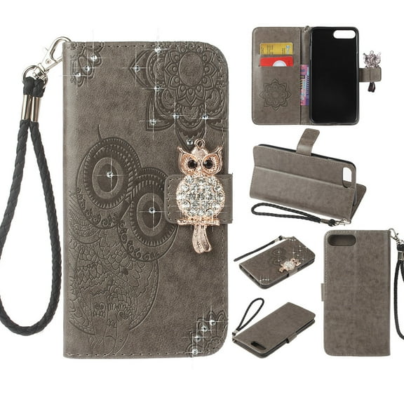 iPhone 8 Plus Case, iPhone 7 Plus Case, Allytech PU Leather Glitter Cute Owl Full Protective Cards Pockets Stand Feature Anti-Slip Wallet Cases Covesr for Apple iPhone 8 Plus, iPhone 7 Plus, Gray