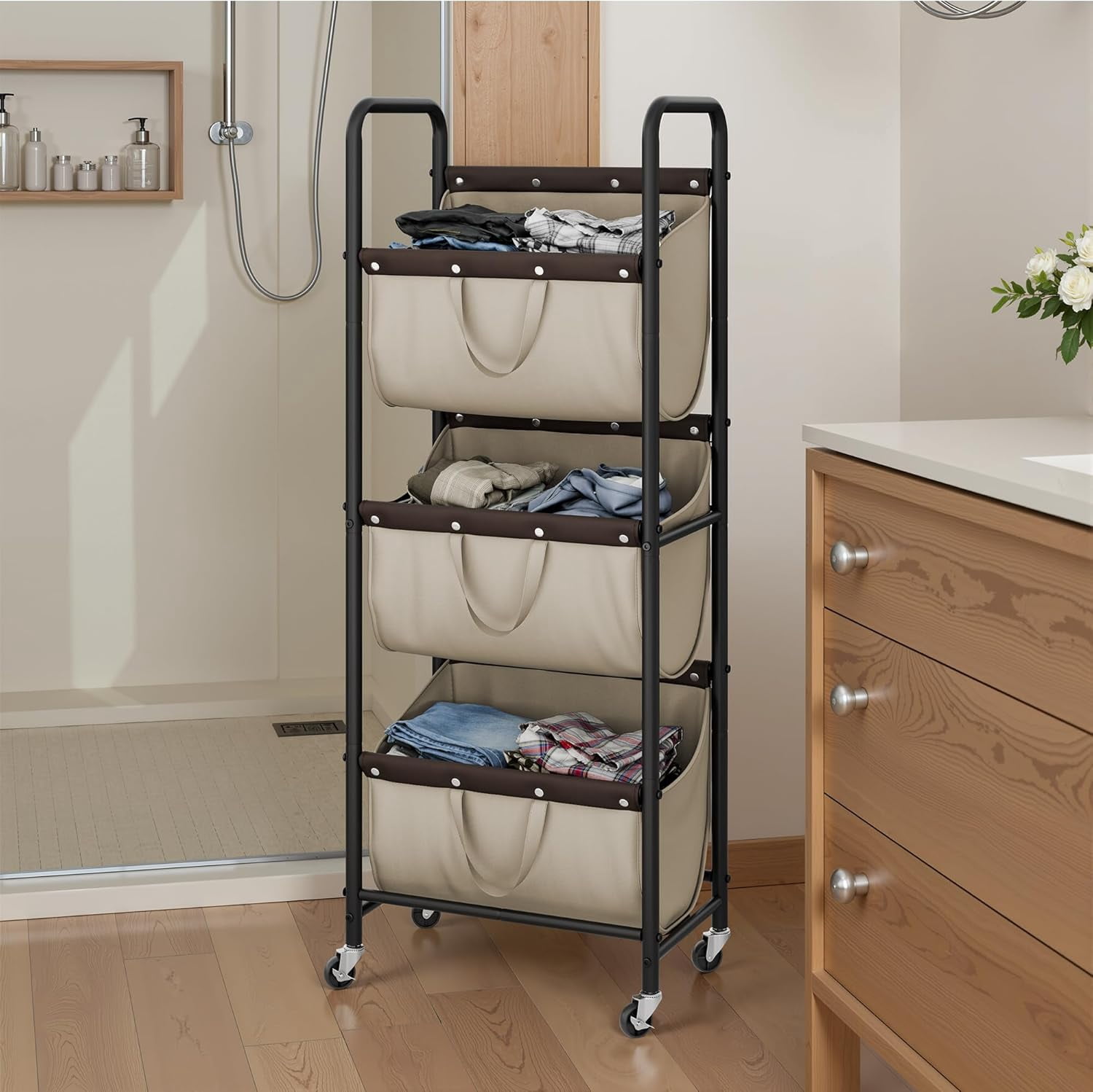 GRANNY SAYS 3-Tier Laundry Basket with Wheels, 120L Rolling Laundry Hamper Sorter, Metal Frame Laundry Organizer, 3 Bin Removable Bags, Light Khaki