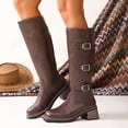 thumbnail image 5 of Knee High Boots Women Square Toe Pull On Wide Calf Riding Fashion Buckles Chunky Metallic Casual Vintage Buckle Brown 9.5(43), 5 of 9