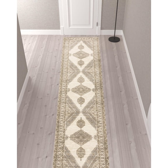 2' X 10' Beige And Ivory Oriental Power Loom Stain Resistant Runner Rug