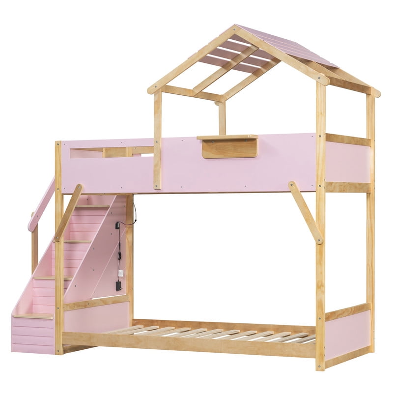 Twin Over Twin House Bunk Bed with Stairs, 3-Color LED Lights and Storage Shelf, Wooden Bunk Bed Frame with Guardrails and Roof Frame for Kids Bedroom