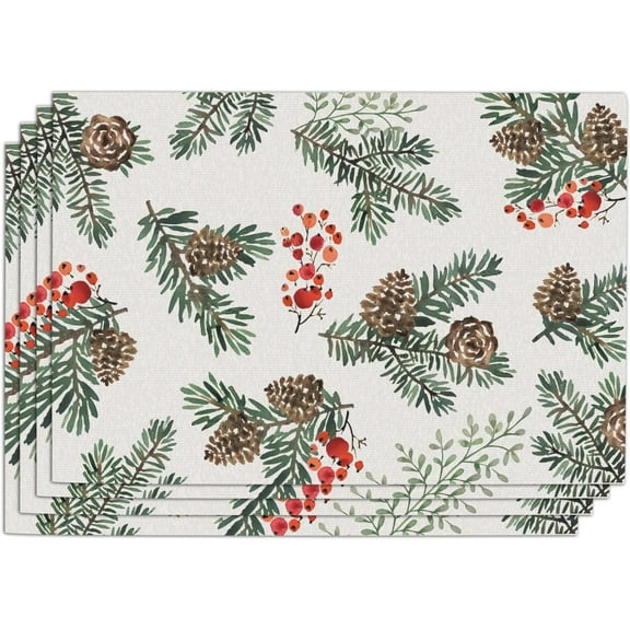 Winter Pine Cone Needle PVC Placemats Set of 4, Red Berry Branches Vinyl Dining Table Place Mats, Christmas Seasonal Kitchen Decor Home Decoration 12 x 18 Inches
