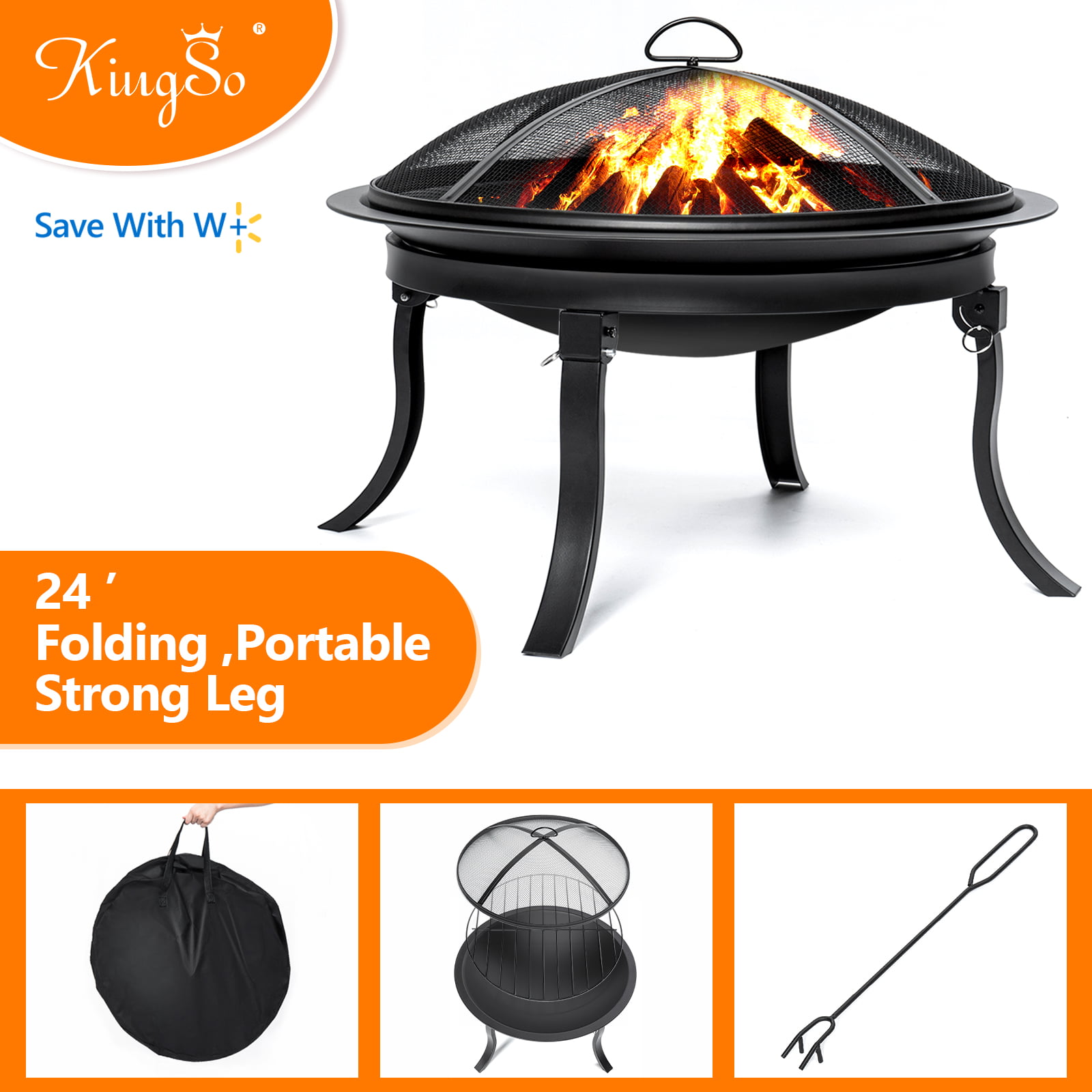 ROUND FIRE PIT WITH LID & FOLDING LEGS OUTDOOR GARDEN PATIO HEATER CAMPING 