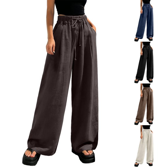 Women's Wide Leg Pants BWASD Linen Cotton Elastic Waist Loose Capris Pants Breathable Casual Lightweight Summer Trousers Brown S-6XL for Travel Vacation Daily Wear