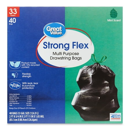 Great Value 33-Gallon Strong Flex Tall Kitchen Trash Bags, Mint Scent, 40 Bags