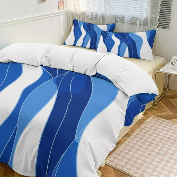 Blue Wavy Abstract Print Duvet Cover Set Bedding Set Polyester Quilt Cover for Bedroom Decoration