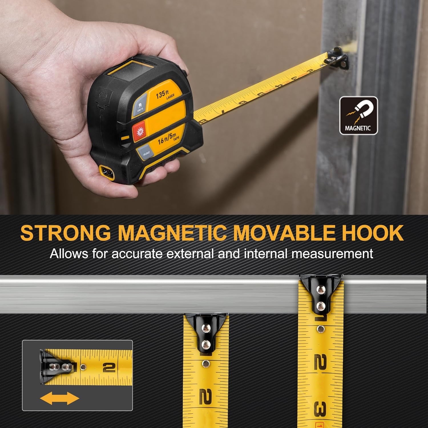 2-in-1 Laser Tape Measure, 135Ft Rechargeable Measurement Tool & 16Ft Measuring Movable Magnetic Hook - , Area, Volume, Ft/Ft+in/in/M Unit NOT Digital