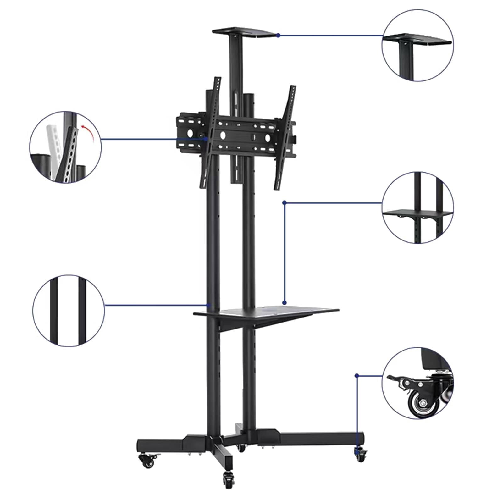 DAWOT Mobile TV Stand on Wheels for 32-65 Inch LCD LED Flat Panel Curved Screen TV  TV Cart with Height Adjustable Laptop Shelf and Top Tray Movable Portable Rolling Floor TV Stand