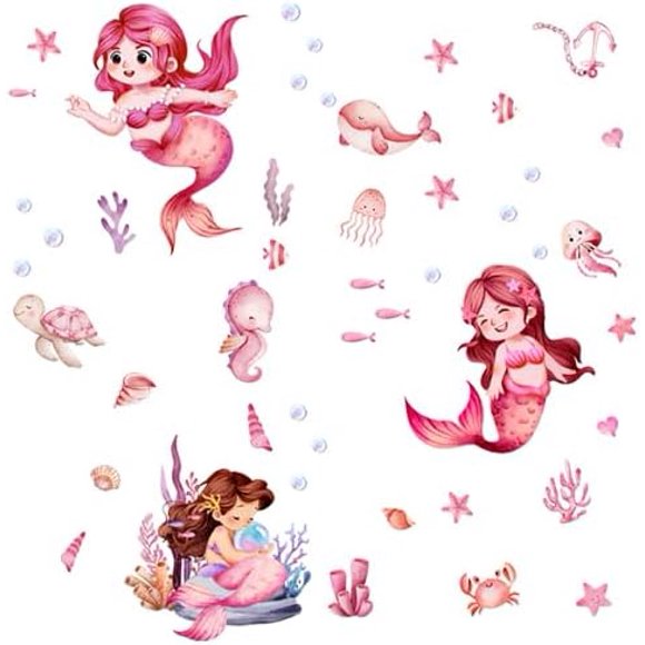 Ocean Theme Mermaid Wall Stickers - Pink Mermaids & Marine Life,Easy Peel&Stick,Removable&Reusable Wall Sticker,DIY Wall Decals Perfect for Kids Room,Girls Room,Home Wall and Nursery Décor