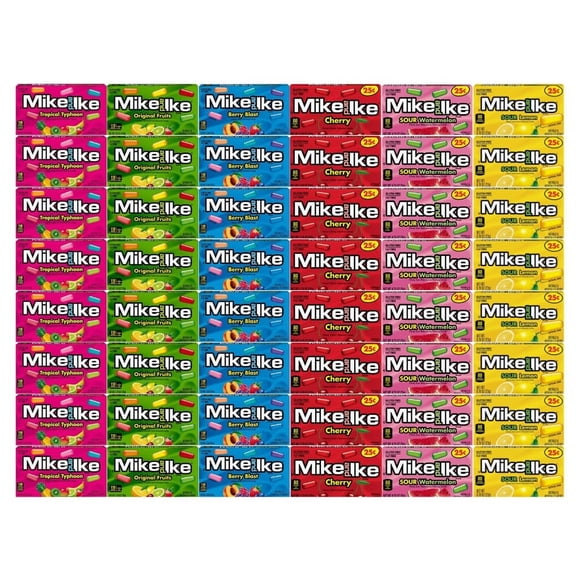 Candy Assorted Flavor Mike And Ike, 6 Flavor, Tropical Typhoon, Berry Blast, Cherry, Sour Watermelon, Sour Lemon, Original Fruits, 8 Each Flavor, 0.78 Oz, 48 Pack