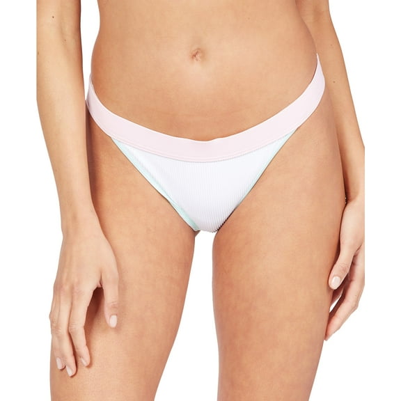 ROXY Women's White Color Block Stretch Lined Ribbed Moderate Coverage Surf High Leg Swimsuit Bottom L