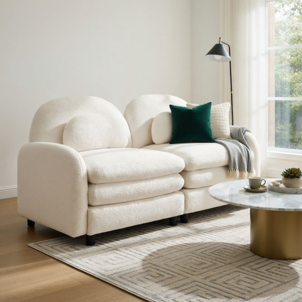 Hommoo Teddy Fleece 3-Seat Modular Sectional Sofa with Curved Backrest, Double-Layer Cloud Cushions & 2 Movable Ottomans, Beige