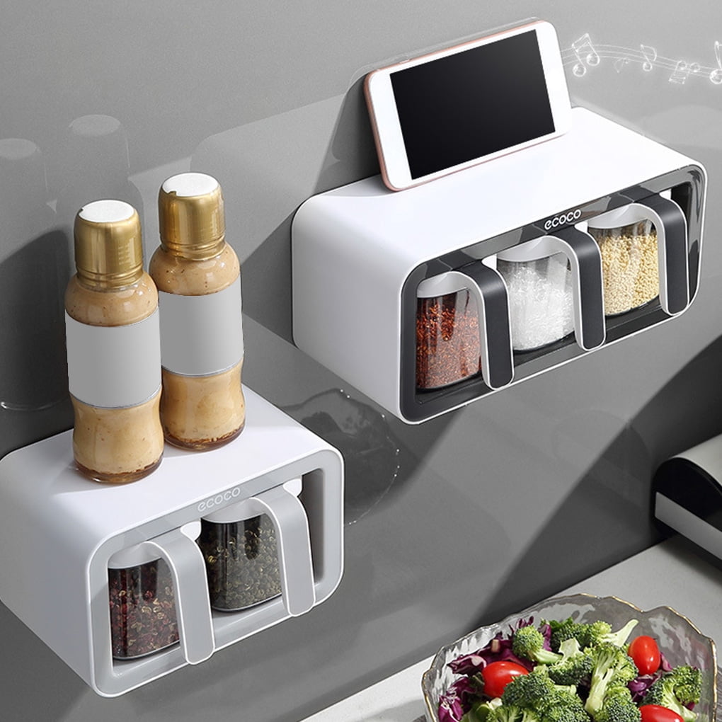 Spice Organizer Wall Mounted Kitchen Seasoning Jar 400ml Plastic Kitchen Spice Organizer Plastic Sugar Salt Container, 3 Cups, Black